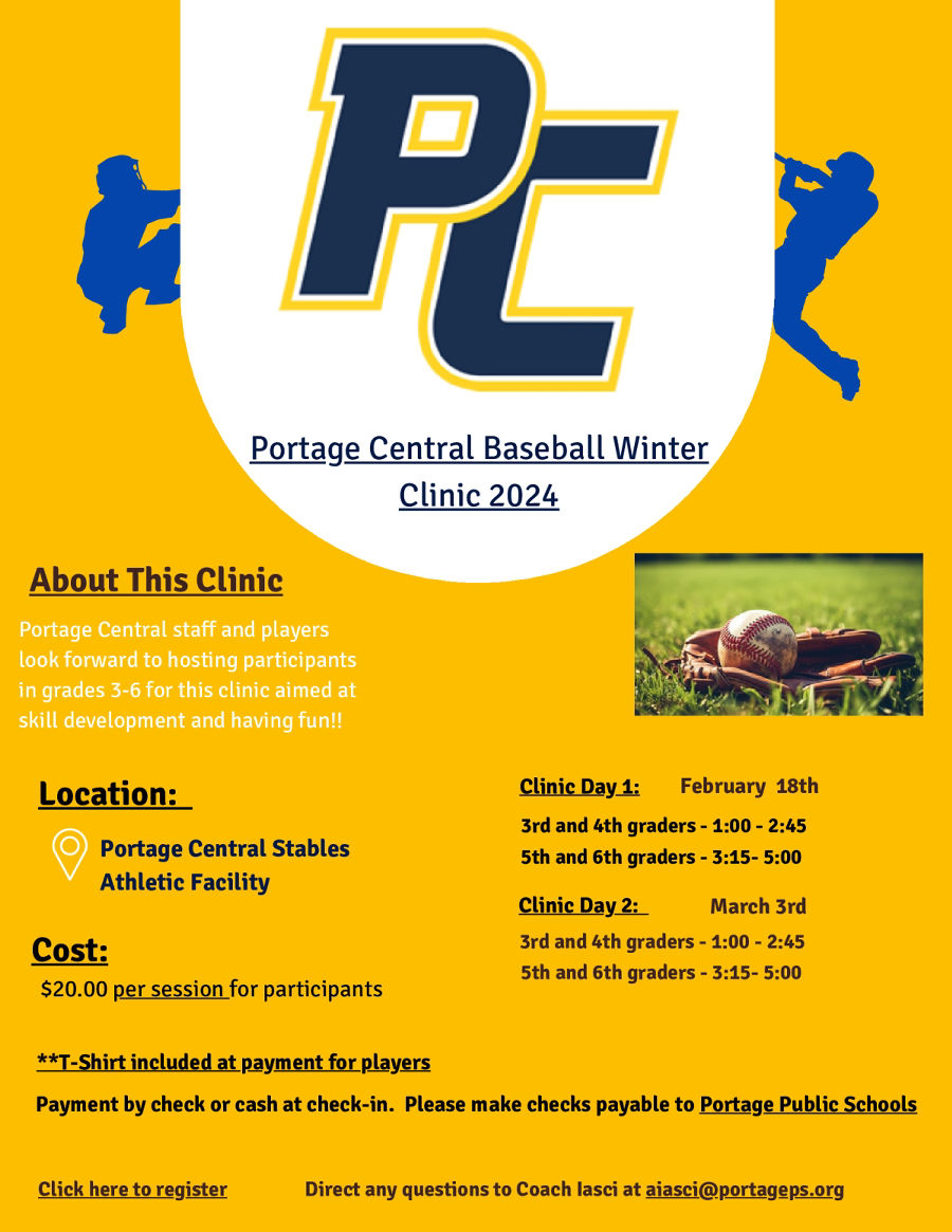 Image of a flyer titled Portage Central Baseball Clinic