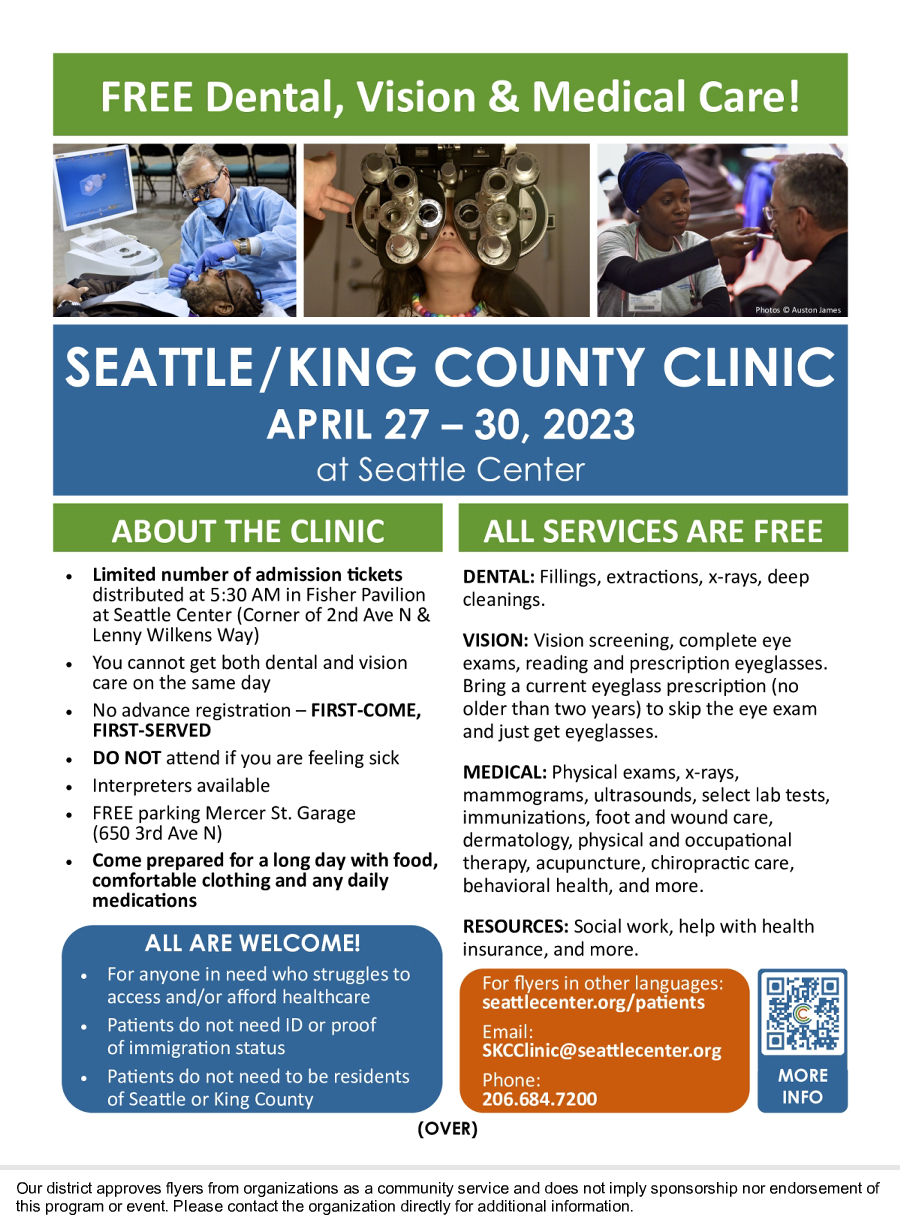 Image of a flyer titled FREE Dental, Vision & Medical Care! APR 27-30