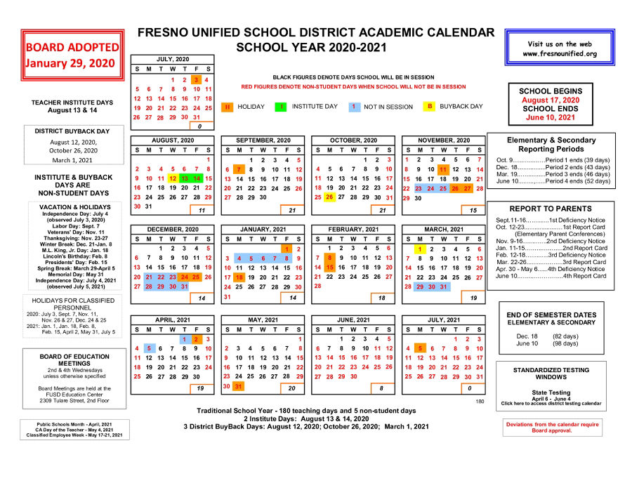 Fresno Unified Calendar 2022 2020-2021 Academic School Calendar