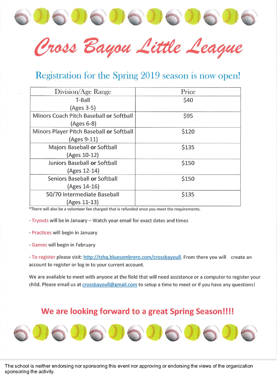 Cross Bayou Little League Spring Registration