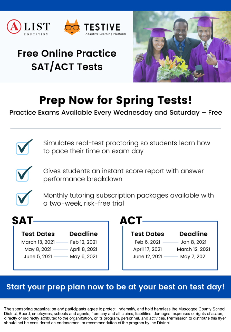 Image of a flyer titled Free Online Practice SAT and ACT Sessions